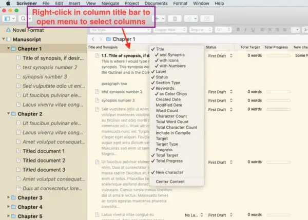 Scrivener for Mac Outliner column right-click options