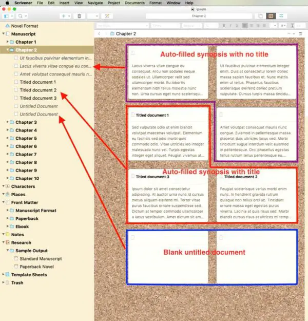 Scrivener Corkboard with mixed synopsis types