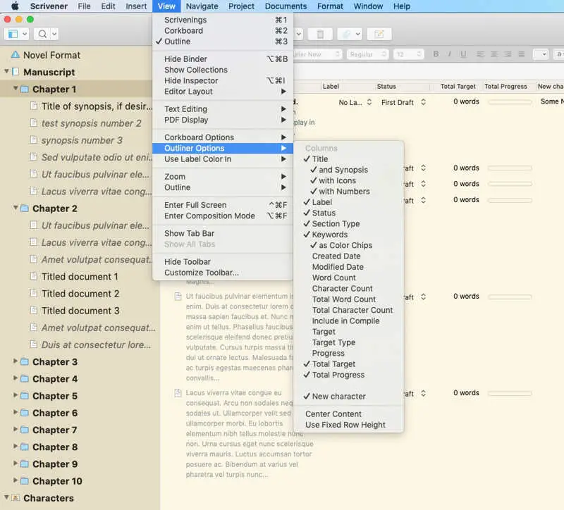 Outliner options in Scrivener for Mac View menu