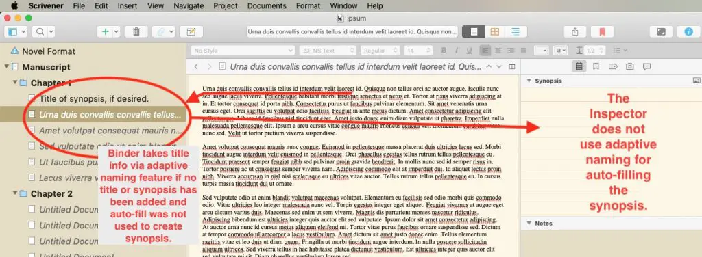 Scrivener adaptive naming with no synopsis