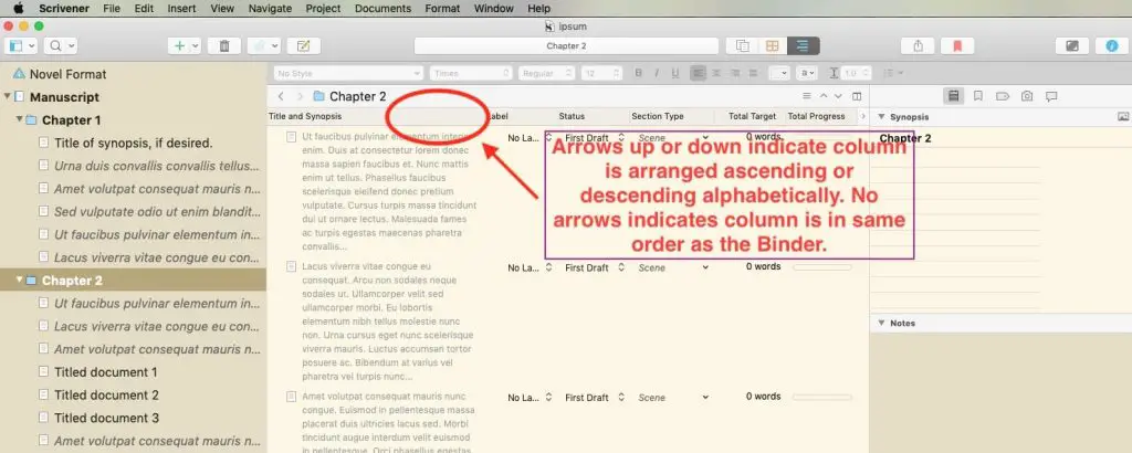 Scrivener for Mac change order of items in Outliner title and synopsis column