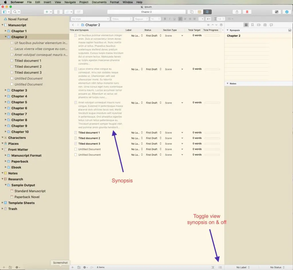 Scrivener for Mac toggle synopsis on and off