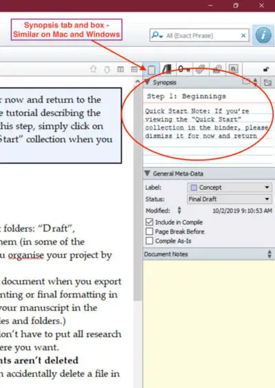 Scrivener for Mac and Windows synopsis box in Inspector