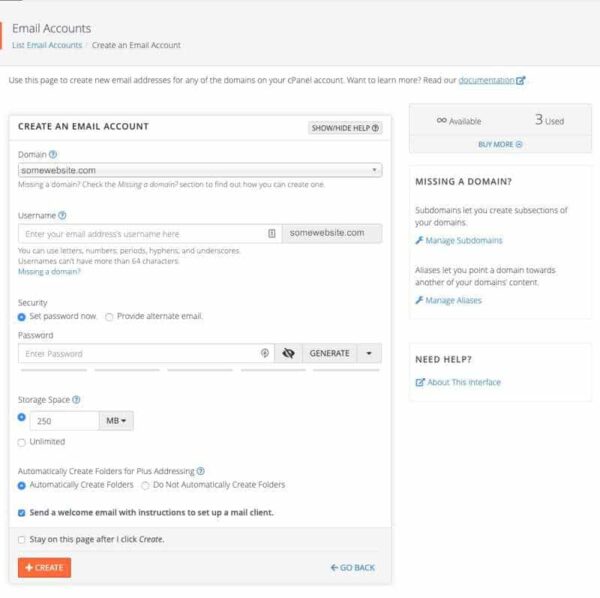 cPanel set up email account