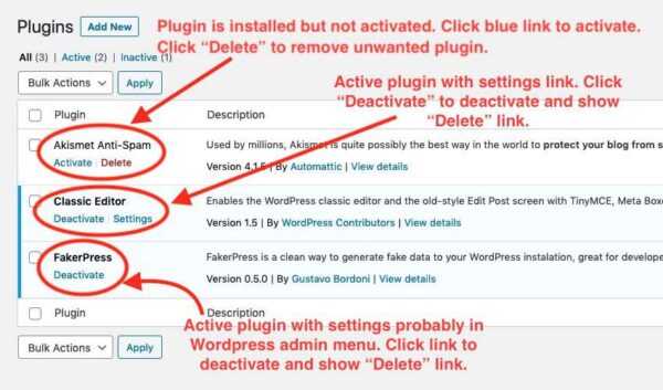 WordPress installed plugins page with instructions