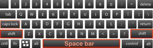 computer keyboard with capp lock, shift, and space bar marked