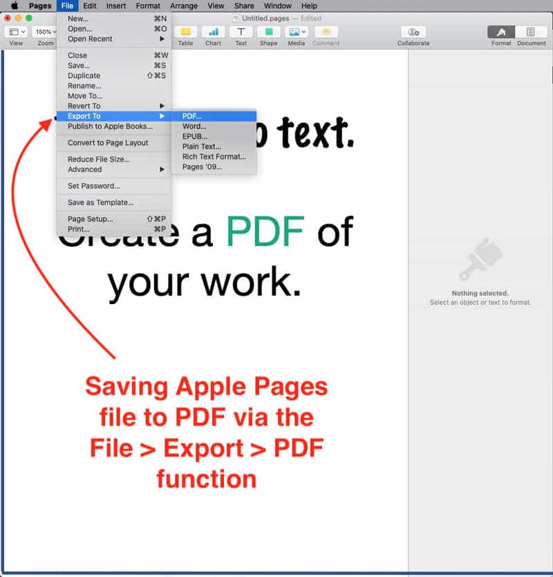 Use Export function to create PDF from Apple Pages file