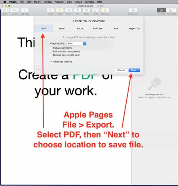 Export file to PDF in Apple Pages