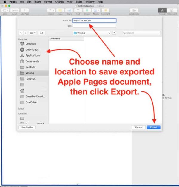 select file name and save location for exported pdf in Apple Pages