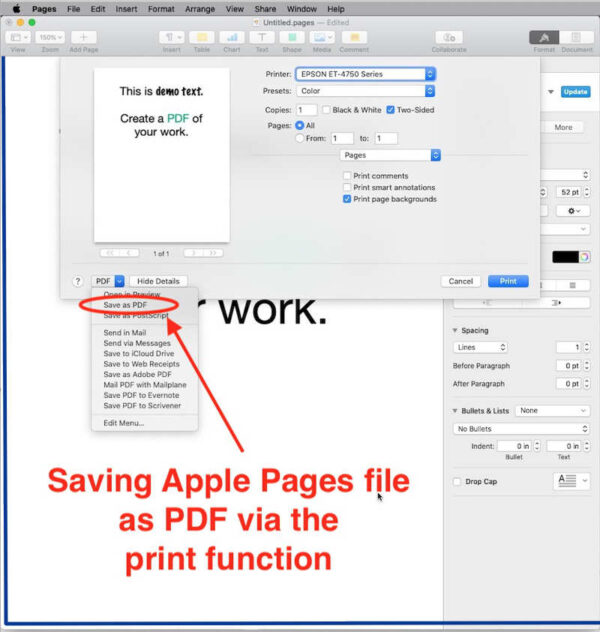 Save Apple Pages file as PDF via print function