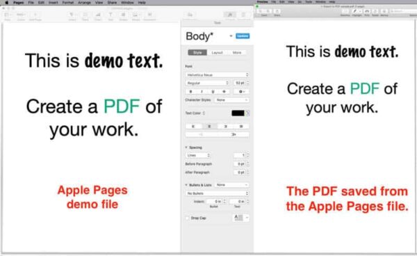 comparison of apple pages file and exported PDF