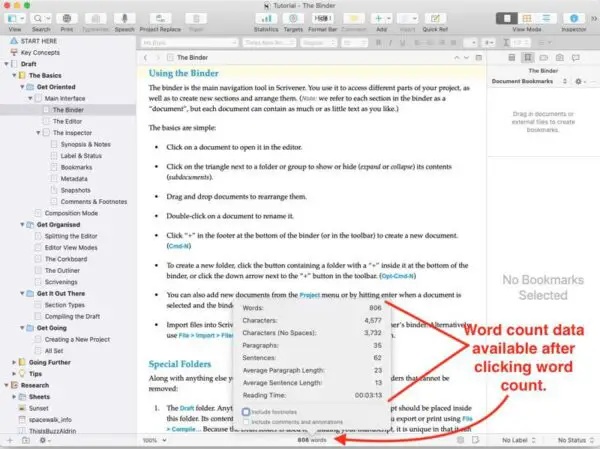additional word count data after clicking word count - Scrivener