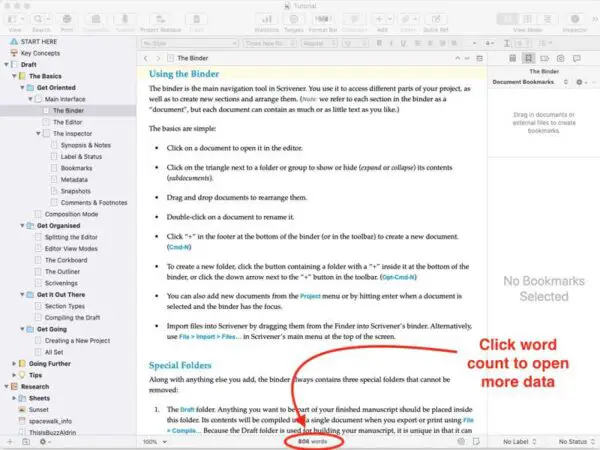 word count at bottom of Scrivener