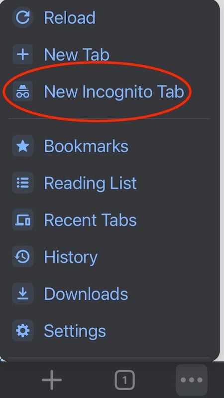 iOS menu for incognito mode in Chrome