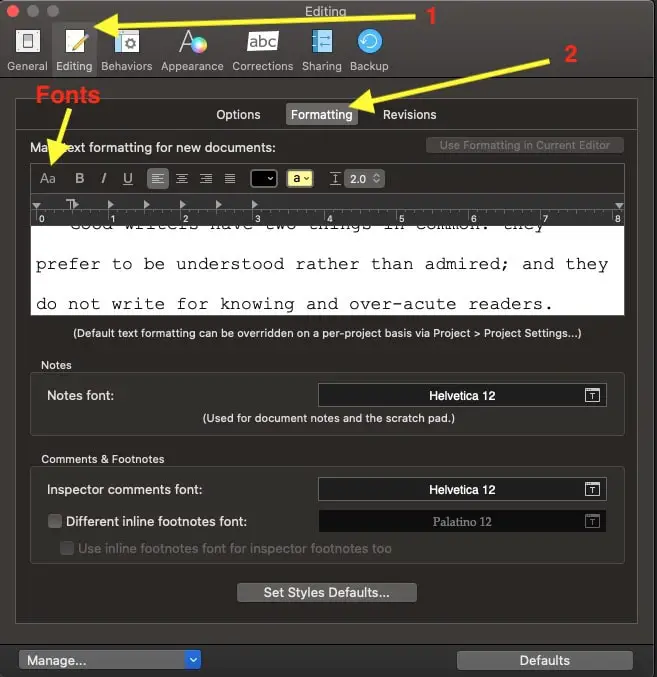 how to set font and spacing in scrivener for pc