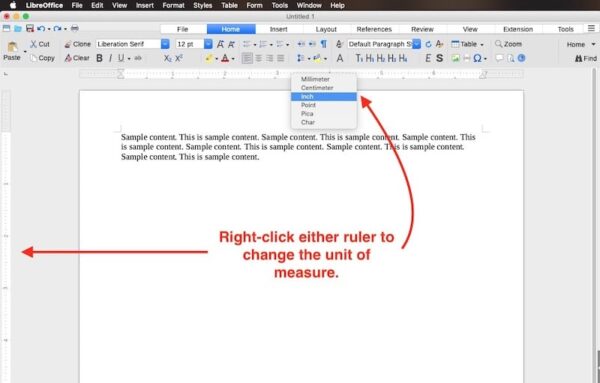 LibreOffice Writer - change ruler unit of measure