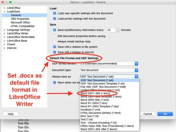 Save as docx by default in libreoffice writer