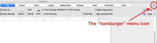the "hamburger" menu icon in libreoffice writer
