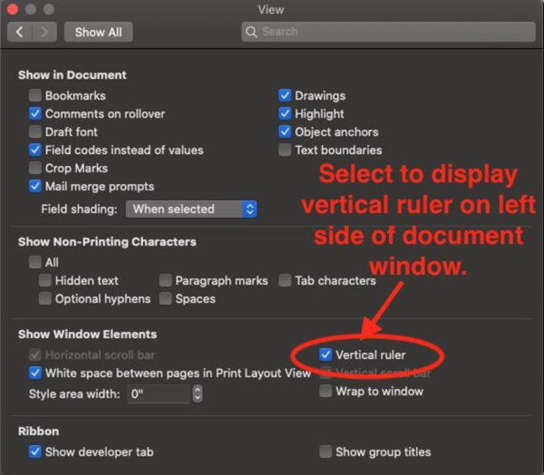 display vertical ruler in ms word for macos