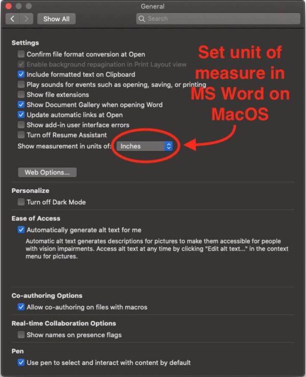 change units of measure in MS Word for MacOS