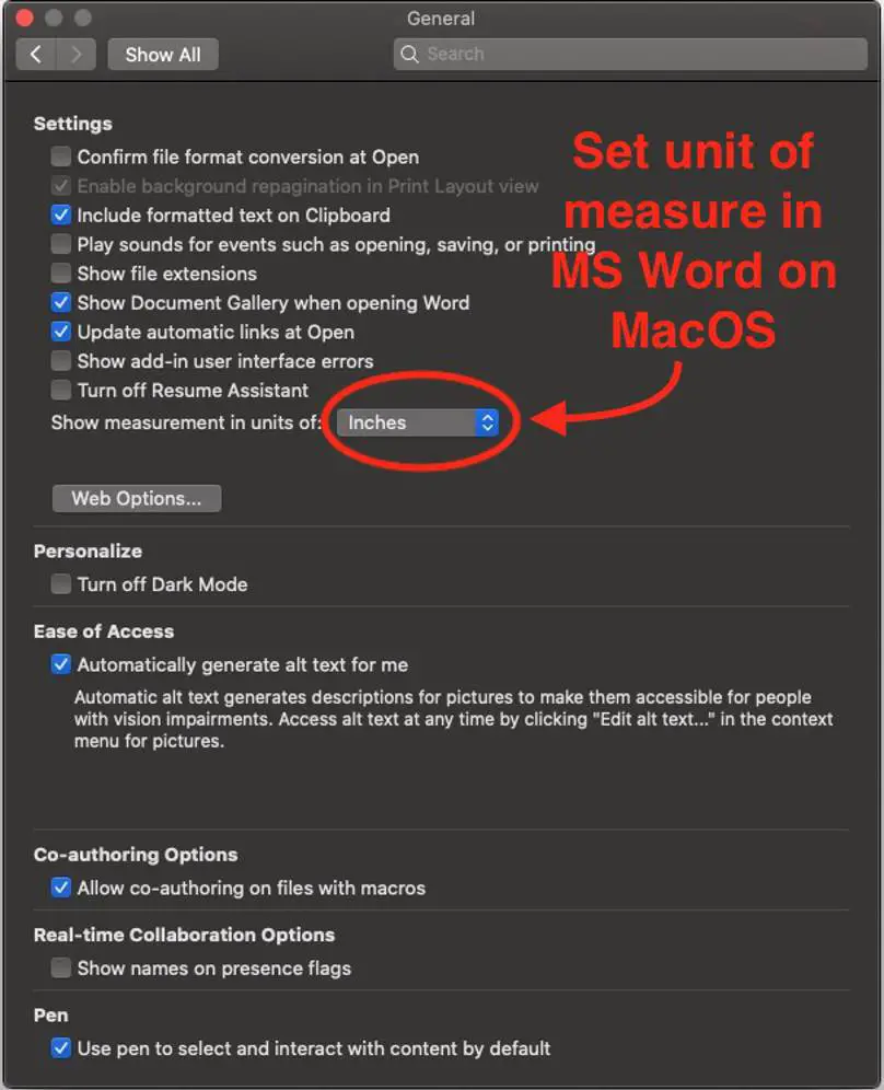 change units of measure in MS Word for MacOS