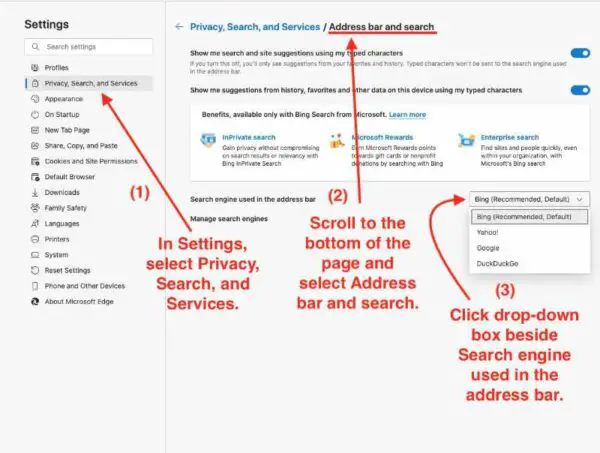 change the default search engine in Edge browser