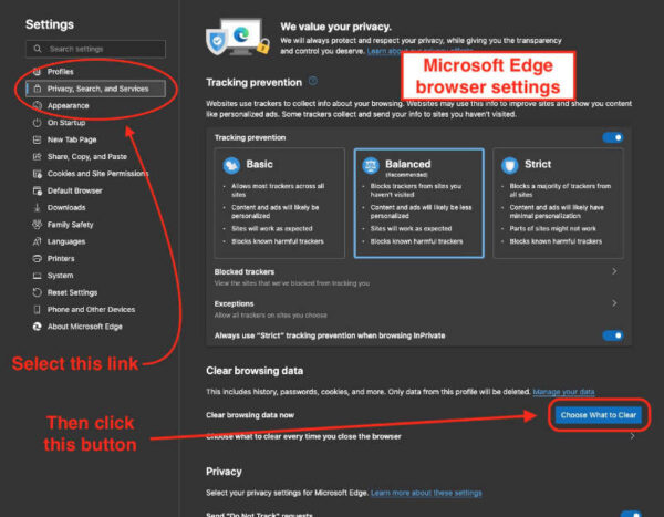 Clear the browser cache in Microsoft Edge