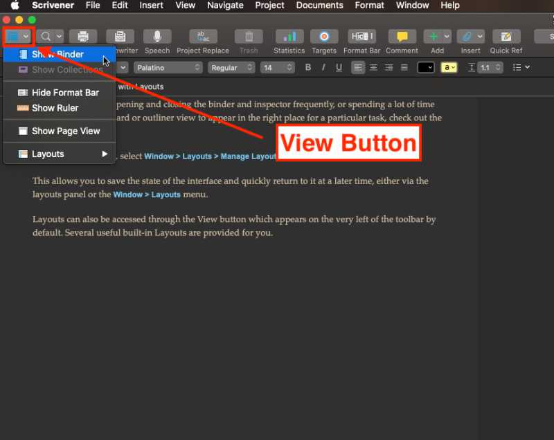 Scrivener V3 - View button used to show or hide certain parts of Scrivener interface