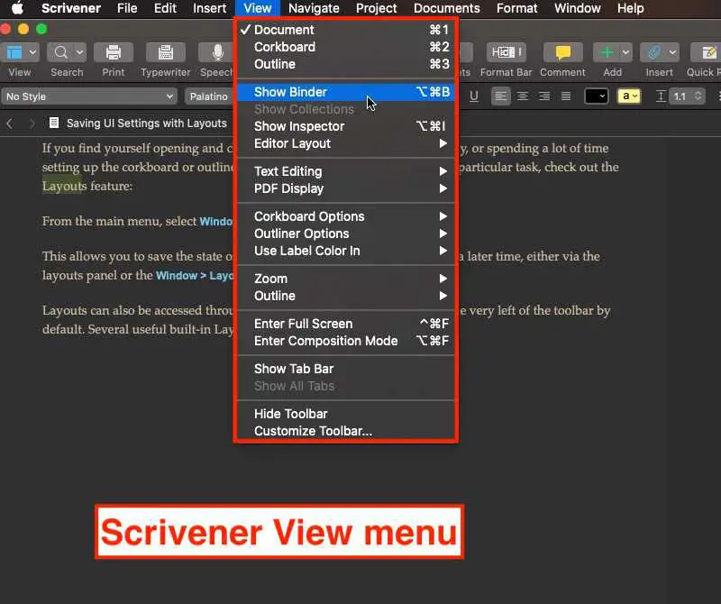 Scrivener V3 View menu
