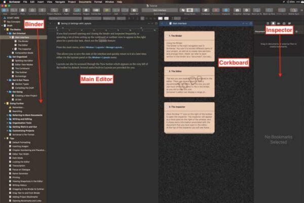 Scrivener v3 view - binder, editor, corkboard, and inspector