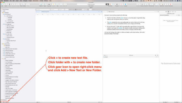 add chapters in scrivener using icons in lower left corner