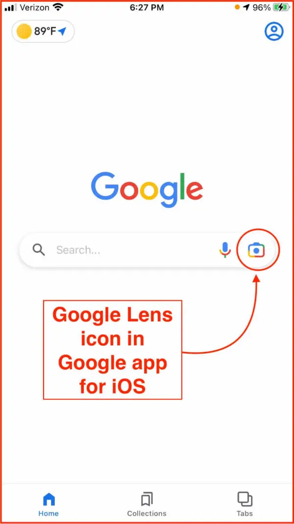 Google app for iOS with Google Lens icon circled