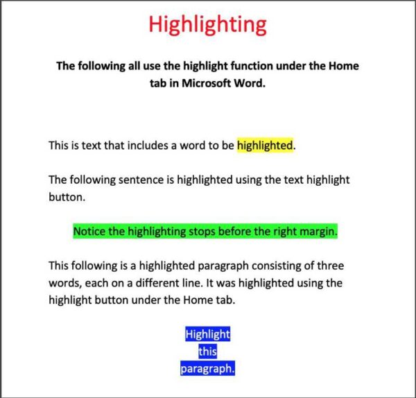 examples of highlighting using the highlight feature in microsoft word