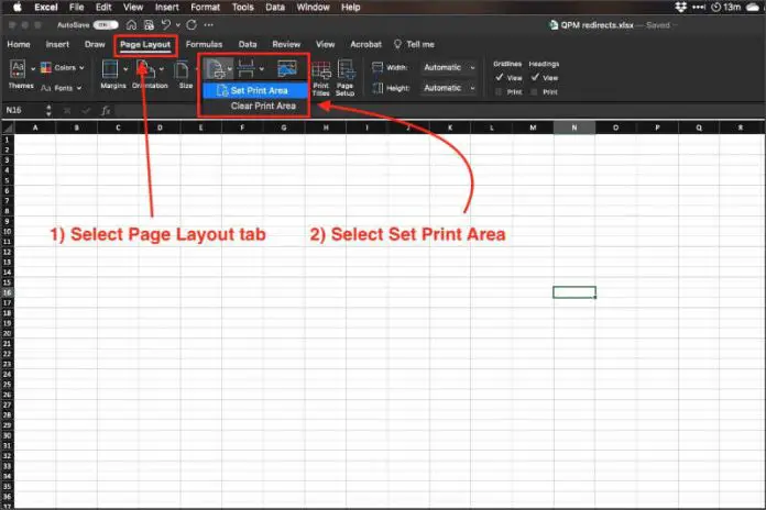 how to set up print area in excel 2016 for mac