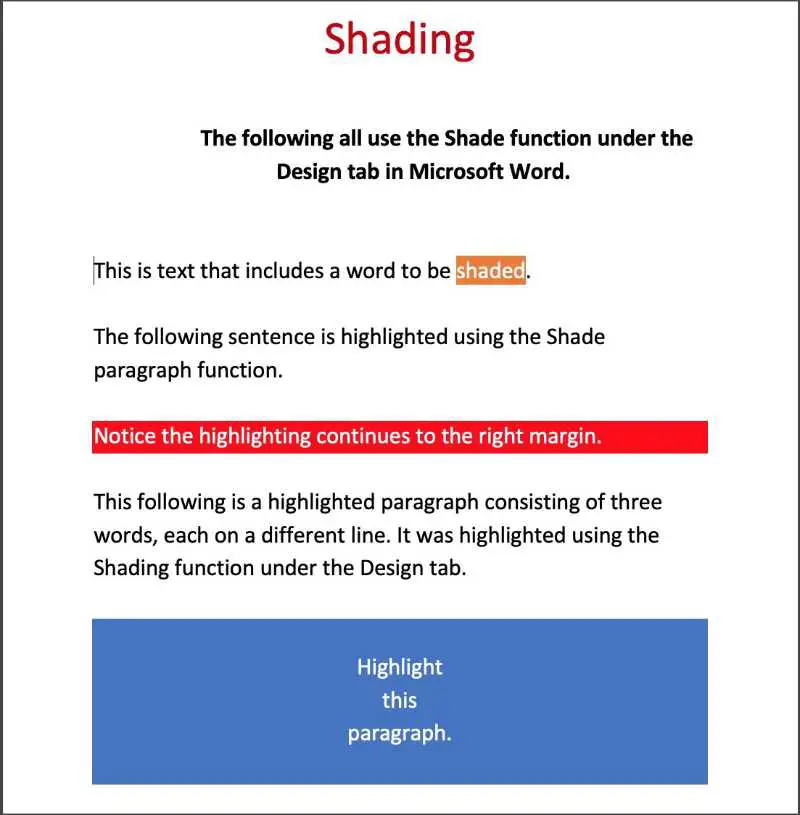 use shading to highlight text in MS Word