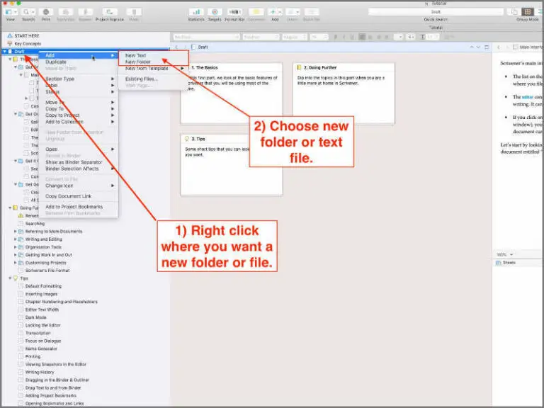 add chapters in scrivener using right-click menu