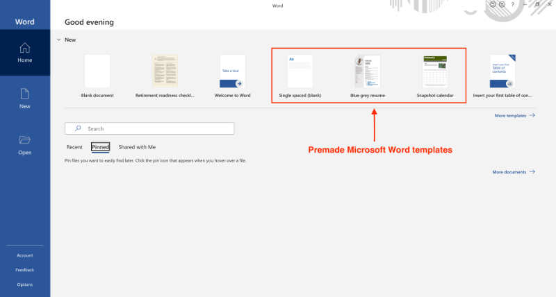 premade templates in Microsoft Word