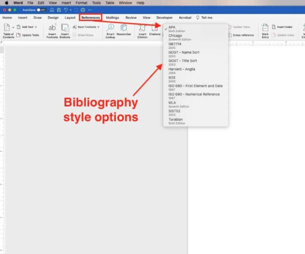 references and citatiions in ms word. bibliography style options microsoft word for macs