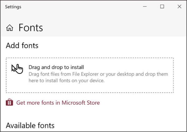 add font in Windows 10 in the minimized font panel