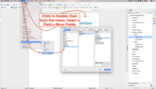 insert fields in headers and footers in libreoffice writer