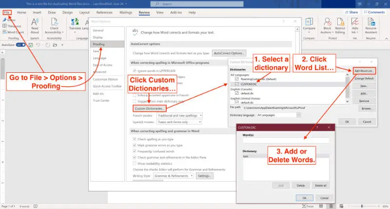 how to change custom dictionary in word