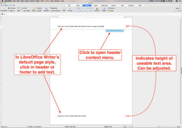 insert headers and footers in libreoffice writer by clicking top or bottom of page