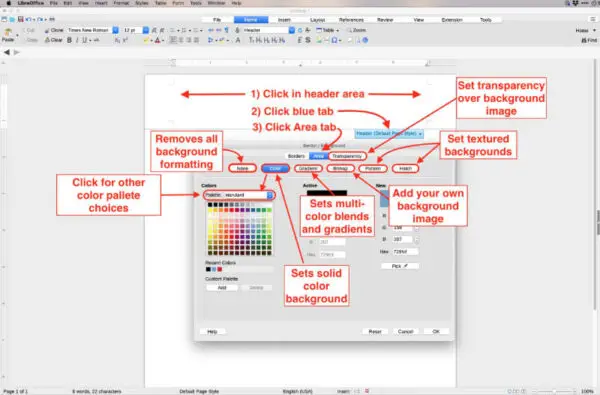 customize background of headers and footers in libreoffice writer