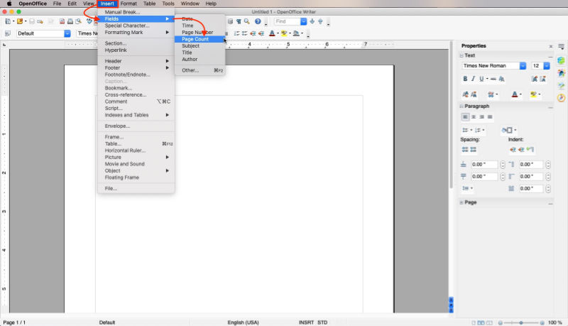 insert page count in openoffice writer
