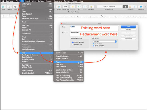 find and replace in Scrivener