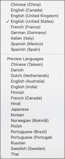 dictation languages-microsoft word