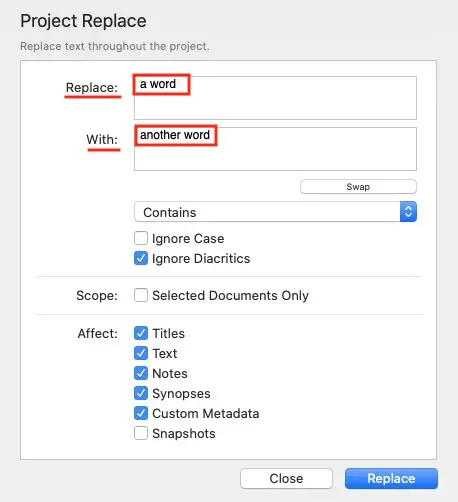 Project replace panel in Scrivener
