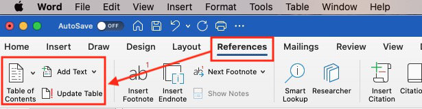 Table of contents and update table buttons under references tab of microsoft word