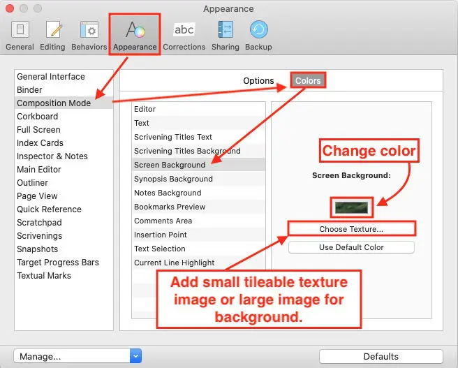 change the background in scrivener composition mode