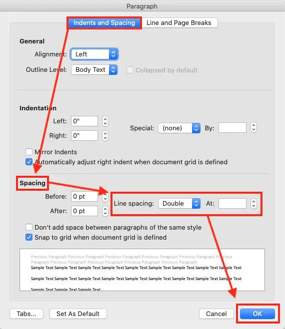 line spacing in microsoft word - format paragraph settings panel